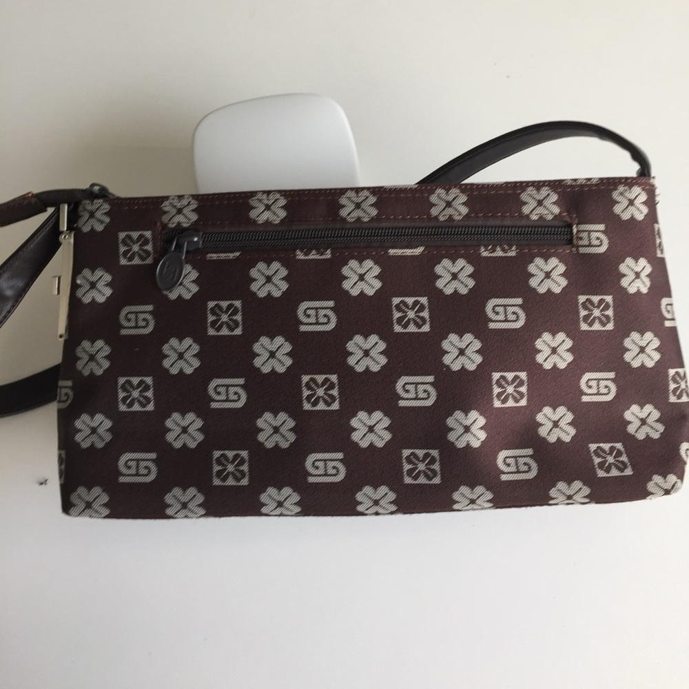 NWOT Brown pattern canvas clutch purse adjustable leather strap